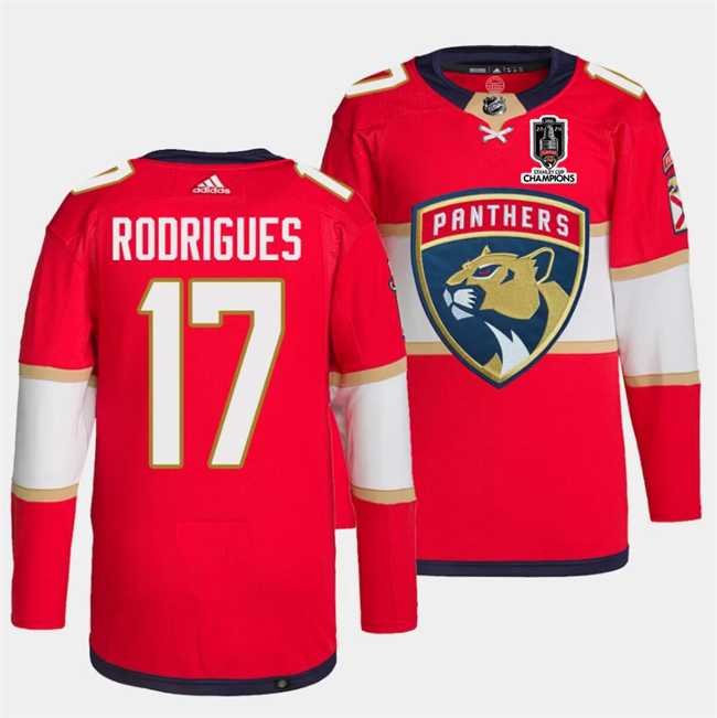 Men%27s Florida Panthers #17 Evan Rodrigues Red Home 2024 Stanley Cup Champions Stitched Jersey Dzhi